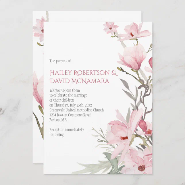 Pink Magnolias And Greenery Wedding Invitations Zazzle 4993