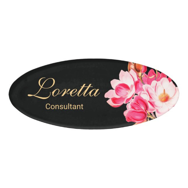 Pink Magnolias Floral  Name Tag (Front)