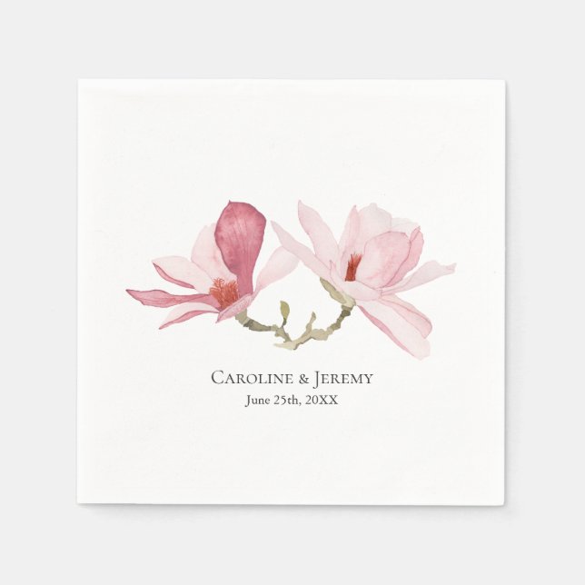 Pink Magnolias Floral Watercolor Wedding Napkins (Front)