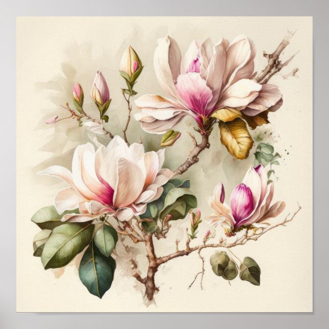 Pink Magnolias Flower Art Print Poster (Front)