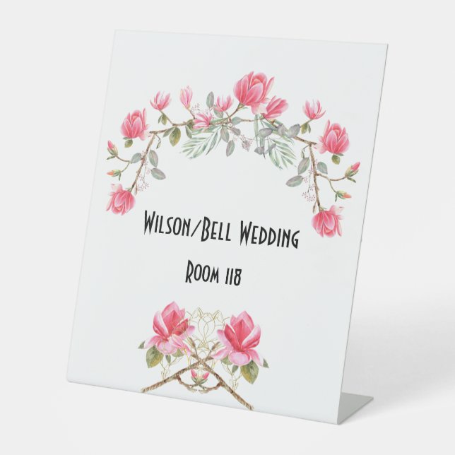Pink Magnolias Gold Accent Wedding Pedestal Sign (Front)
