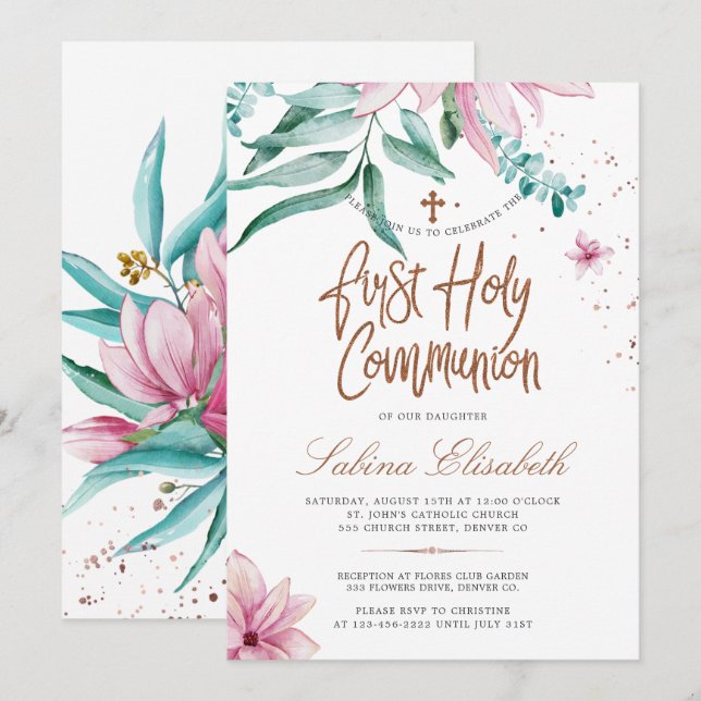 Pink magnolias holy first communion invitation (Front/Back)