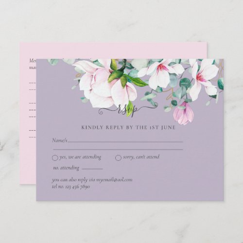 Pink Magnolias Lavender Eucalyptus Wedding rsvp Postcard
