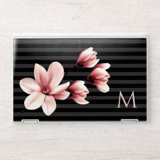Pink Magnolias on Black Stripes Monogrammed  HP Laptop Skin