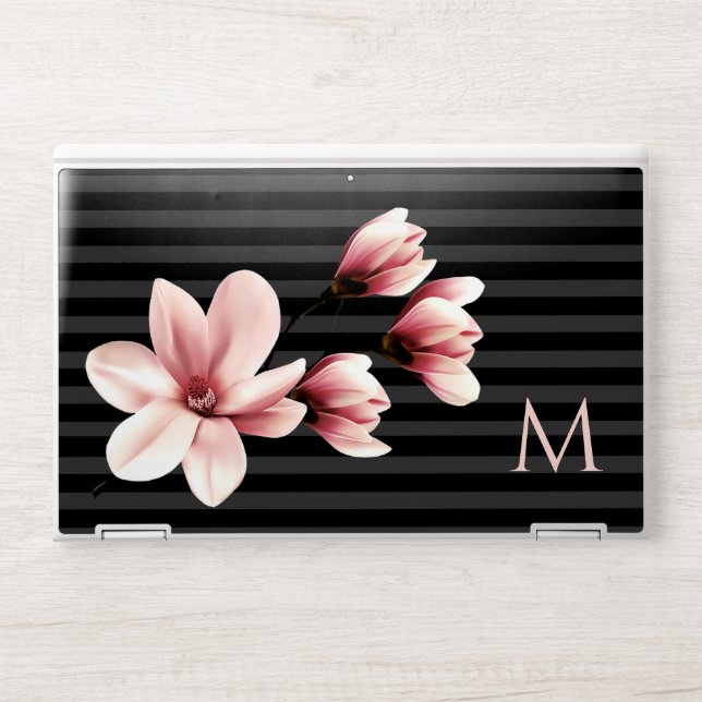 Pink Magnolias on Black Stripes Monogrammed  HP Laptop Skin (Front)