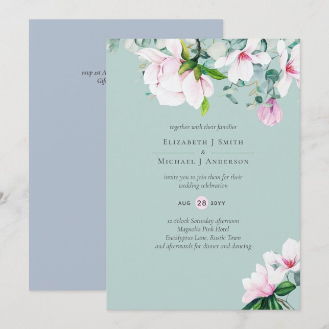 Pink Magnolias Sage Eucalyptus Dusty Blue Wedding  (Front/Back)