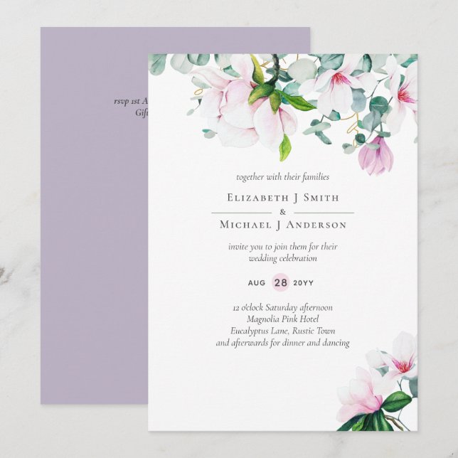 Pink Magnolias Sage Eucalyptus Lavender Wedding  (Front/Back)