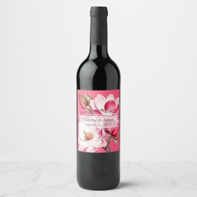 Pink Magnolias Wedding Wine Label (Front)