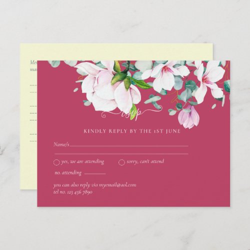 Pink Magnolias with Yellow Wedding RSVP Postcard