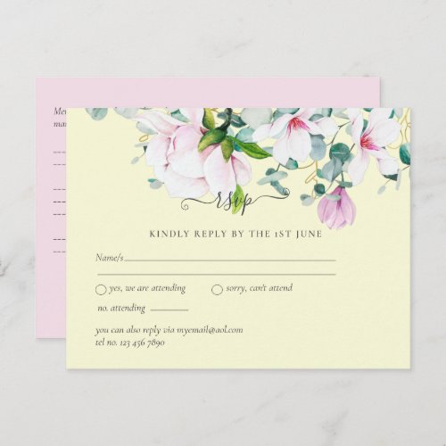 Pink Magnolias with Yellow Wedding RSVP Postcard