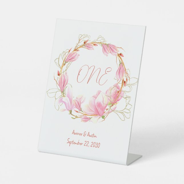 Pink Magnolias Wreath Tabletop  Pedestal Sign (Front)
