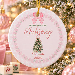 Pink Mahjong Christmas Custom Name Year Ceramic Ornament