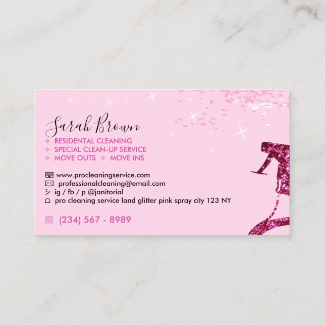 Pink Maid Cleaning Spray Sparkle Janitorial Business Card (Back)