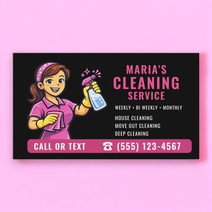 Pink Maid House Cleaning Service Black Business Card