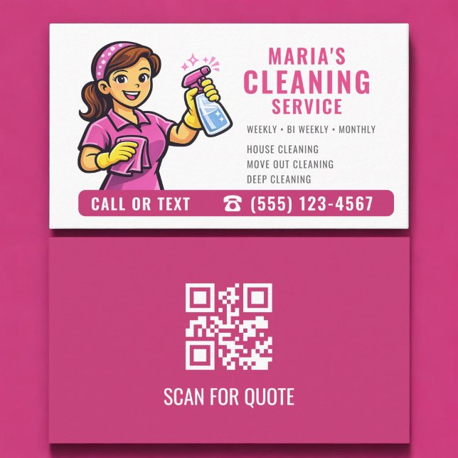 Pink Maid House Cleaning Service QR Code Business Card (Creator Uploaded)
