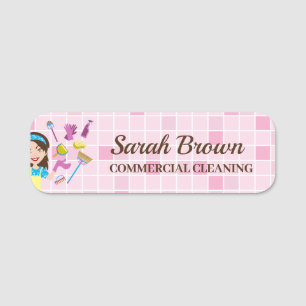 Pink Maid Janitorial Cartoon Cleaning Staff Name Tag