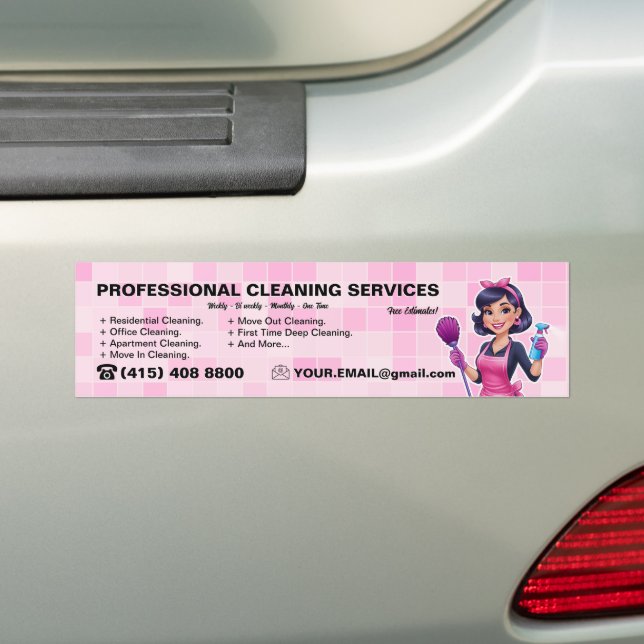 Pink Maid Janitorial Lady House Cleaning Service Bumper Sticker (On Car)