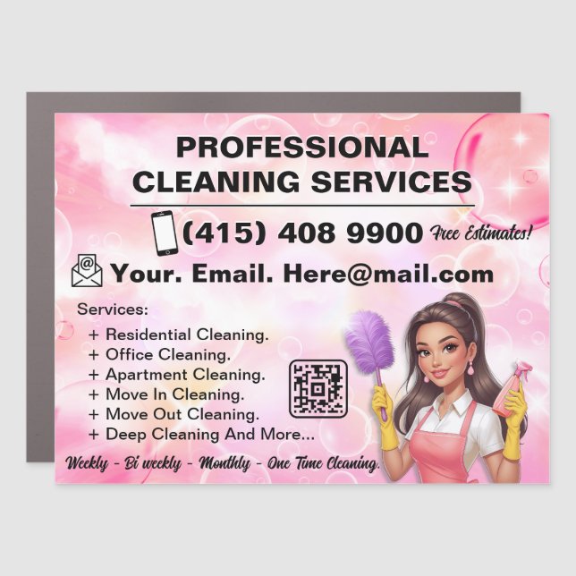 Pink Maid Janitorial Lady House Cleaning Service Car Magnet (Front)