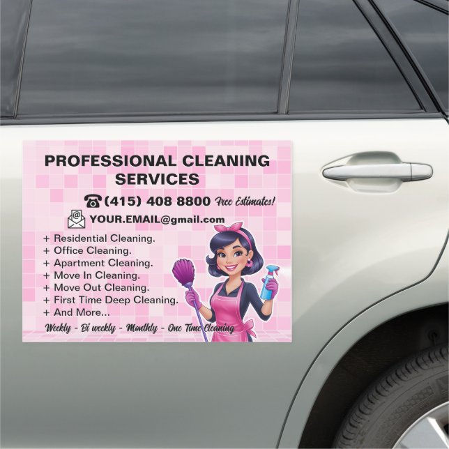 Pink Maid Janitorial Lady House Cleaning Service Car Magnet (In Situ)