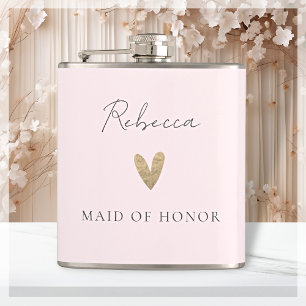 Pink Maid of Honor Gold Heart Modern Script  Flask