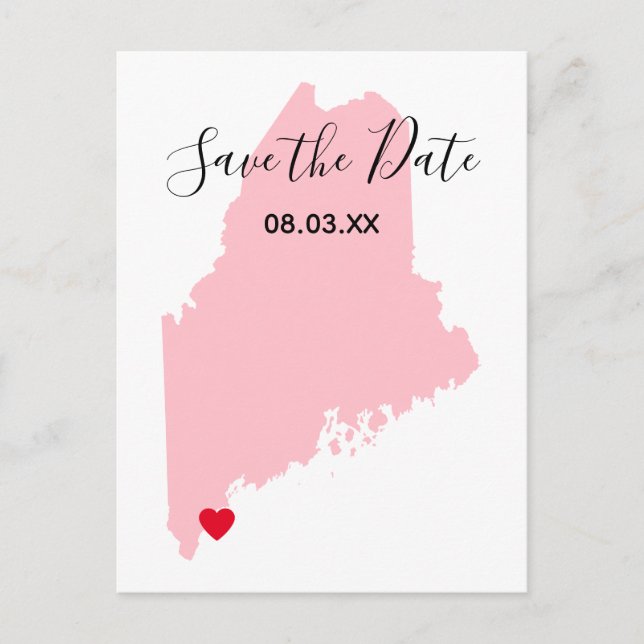 Pink Maine Red Heart Save the Date Announcement Postcard (Front)