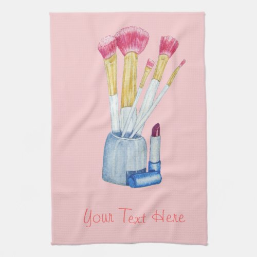 Pink make up brushes in holder still life  kitchen towel