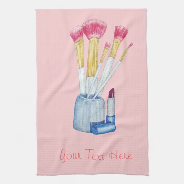 Pink make up brushes in holder still life  kitchen towel (Vertical)