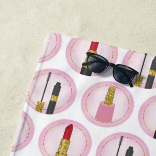 Pink Makeup Cosmetics Pattern Cosmetology Beach Towel