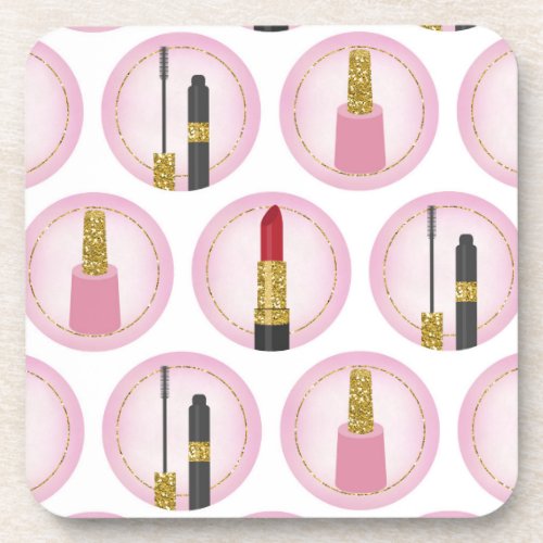 Pink Makeup Cosmetics Pattern Cosmetology Beverage Coaster