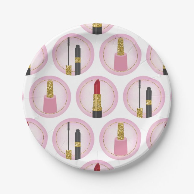 Pink Makeup Cosmetics Pattern Cosmetology Paper Plates (Front)