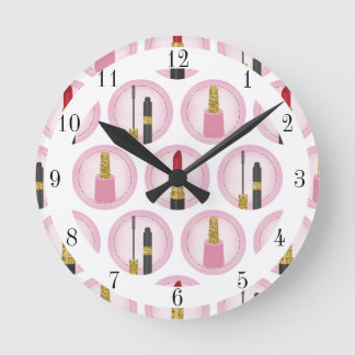 Pink Makeup Cosmetics Pattern Cosmetology Round Clock