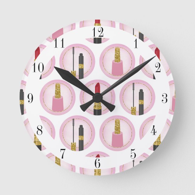 Pink Makeup Cosmetics Pattern Cosmetology Round Clock (Front)