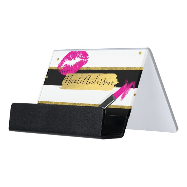 Pink Makeup Lipstick Lips Gold Foil Modern Desk Business Card Holder (Angled Front)
