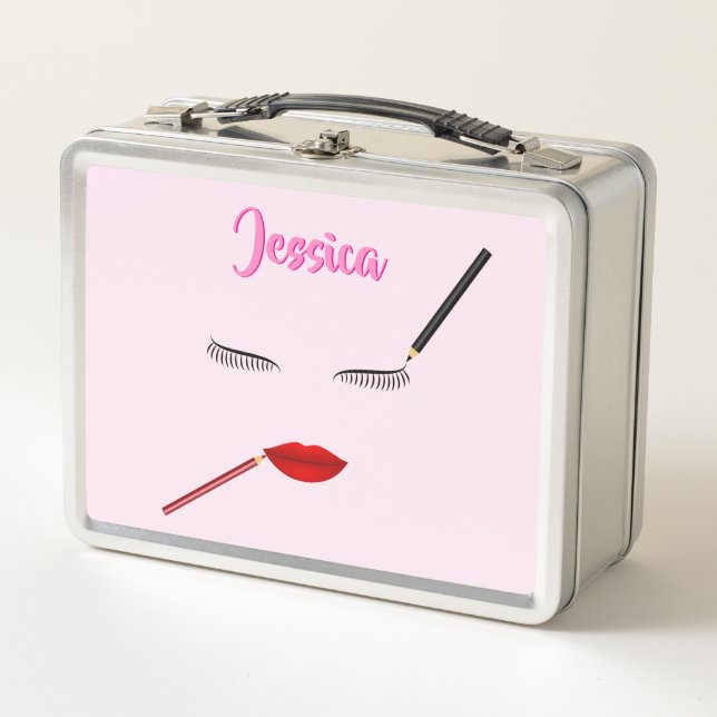 Pink Makeup Lover Cosmetics Pattern Metal Lunch Box (Front)