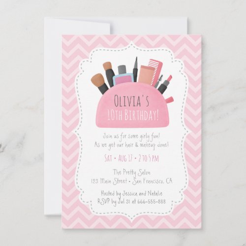 Pink Makeup Pouch Girls Birthday Party Invitations