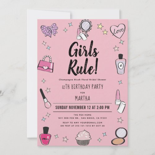 Pink Makeup Spa Slumber Party Birthday Invitation