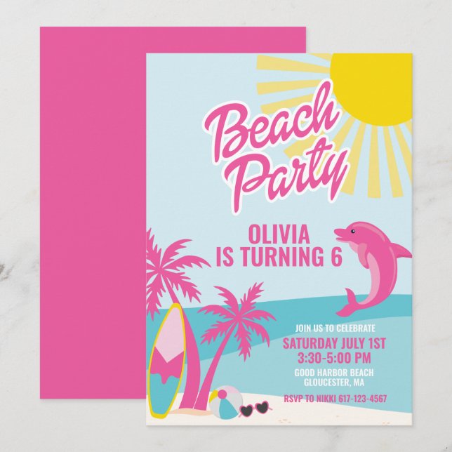 Pink Malibu beach birthday Invitation (Front/Back)