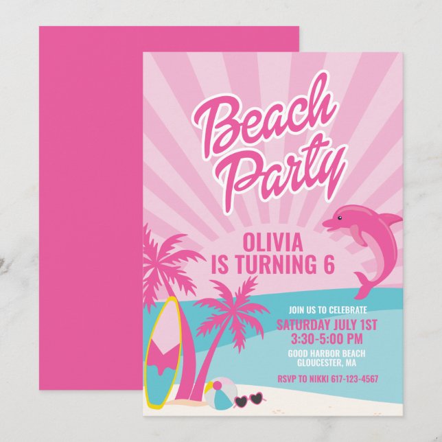 Pink Malibu beach birthday Invitation (Front/Back)
