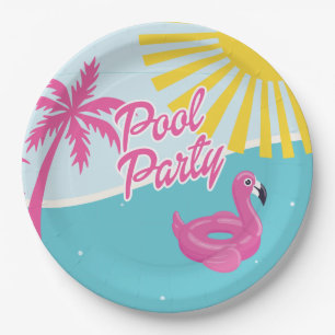 Pink Malibu Beach Palm Pool Party Birthday Paper Plates