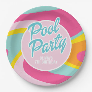 Pink Malibu Beach Palm Pool Party Birthday Paper Plates