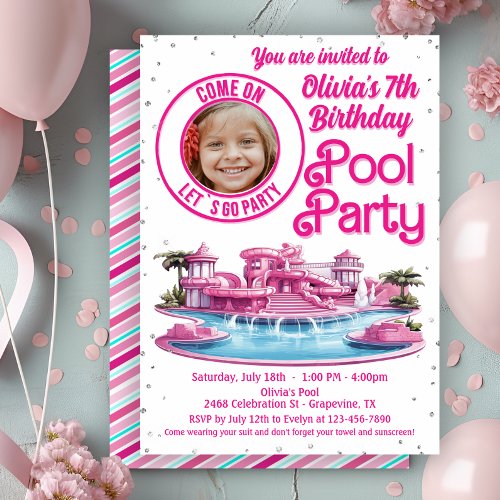 Pink Malibu Doll Pool Party  Invitation
