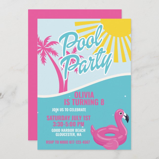 Pink Malibu Pool Party birthday Invitation (Front/Back)