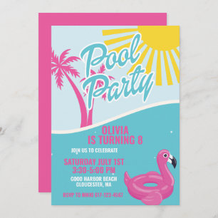 Pink Malibu Pool Party birthday Invitation