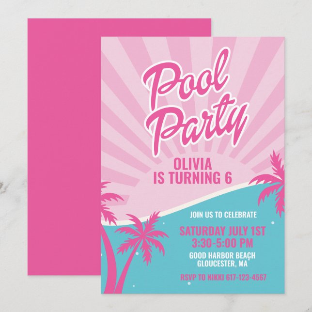 Pink Malibu Pool Party birthday Invitation (Front/Back)