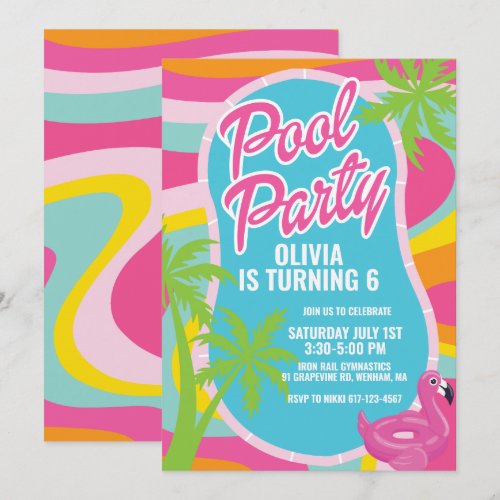pink malibu swirl pool party birthday invitation