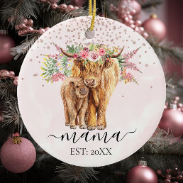 Pink Mama Baby Highland Cow Calf Mother Ceramic Ornament