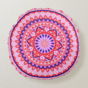 Pink Mandala Boho Vibrant Love Geometric Pattern Round Pillow
