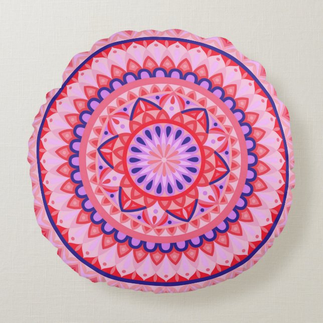 Pink Mandala Boho Vibrant Love Geometric Pattern Round Pillow (Front)