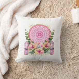 Pink Mandala Crystal Flowers Watercolor Boho Throw Throw Pillow