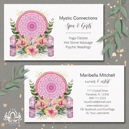 Pink Mandala Crystals Flower Energy Yoga Reiki Spa Business Card